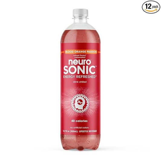 neuroSONIC | Blood Orange Passion | Functional Beverage for Focused Energy, Lightly Carbonated, Vegan & Low Sugar; 16.9 Fl Oz (Pack of 12)