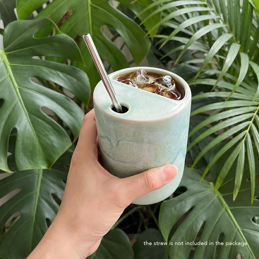 Handmade Ceramic Coffee Mug with Half Lid, 17oz Unique Tea Coffee Cup with Sip-top Lid, Sea Foam