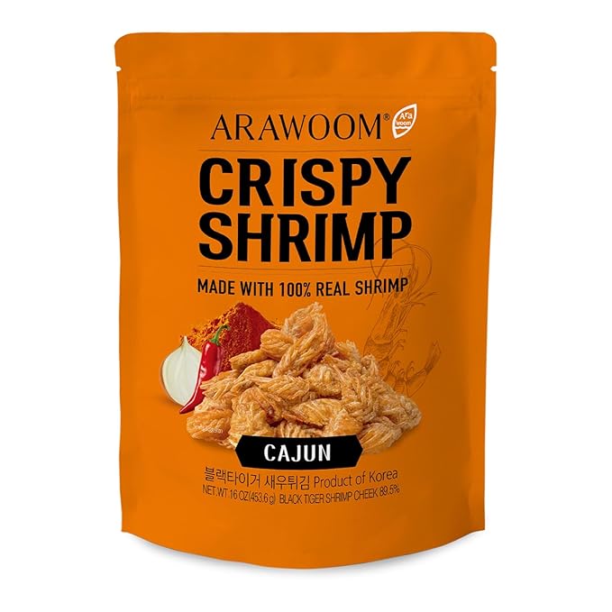 ARAWOOM - 100% Real Black Tiger Shrimp Head Crisps, Cajun Pack [16oz, Pack of 1], Crispy Seafood Snack, High-Protein Crunch, Crunchy On-the-Go Treat