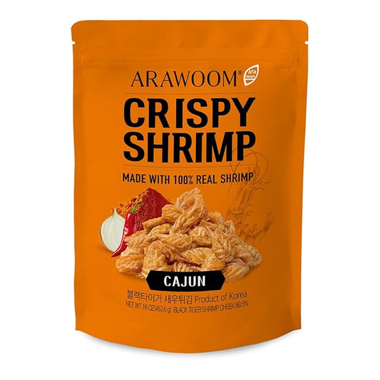 ARAWOOM - 100% Real Black Tiger Shrimp Head Crisps, Cajun Pack [16oz, Pack of 1], Crispy Seafood Snack, High-Protein Crunch, Crunchy On-the-Go Treat
