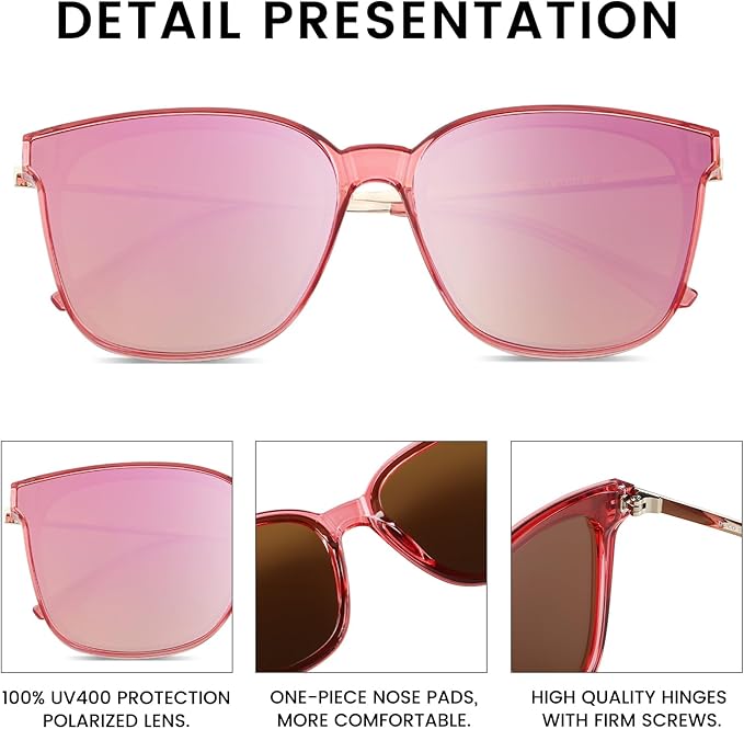 DUCO Oversized Polarized Sunglasses Womens Trendy Mirrored Shades Retro Round Vintage Light Weight UV400 Sun Glasses W016