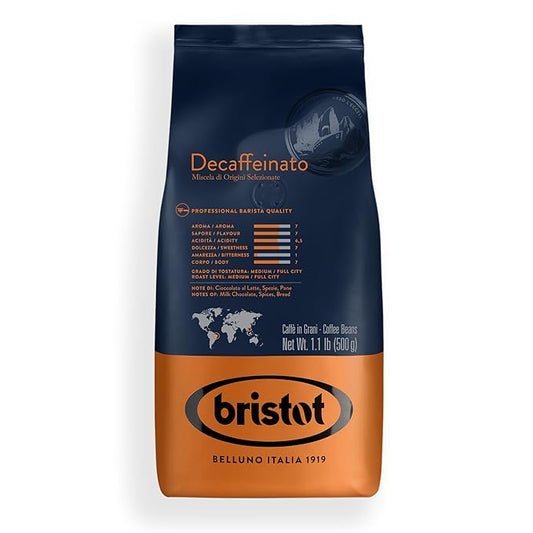 Bristot Decaf Italian Coffee Beans ??Medium Roast Whole Espresso Beans ??Smooth & Rich Flavor ??1.1 lb (500g) Bag ??Roasted in Italy
