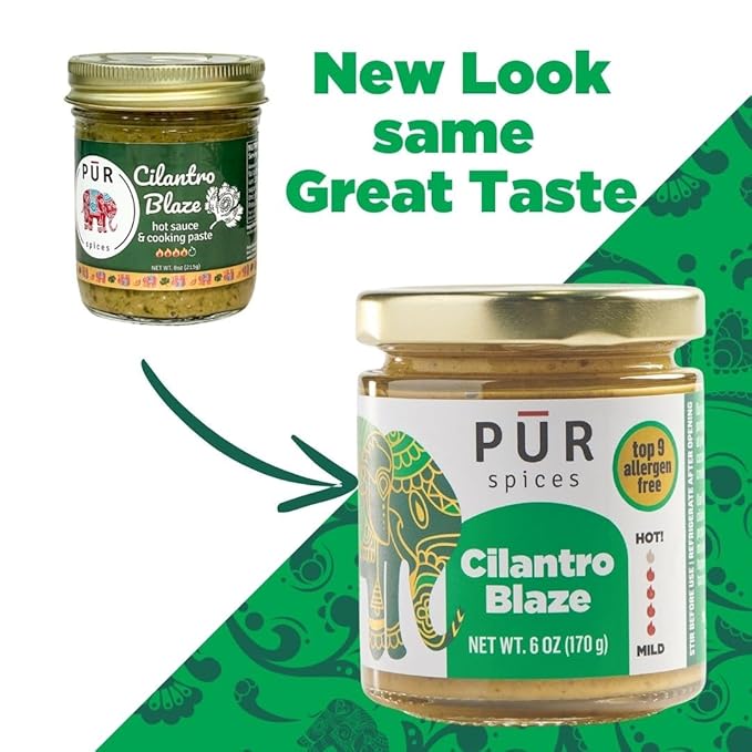 PUR Spices Cilantro Blaze I Hot Sauce & Tangy Cilantro Chutney I Fresh Cilantro, Garlic, Lime and Hot Peppers I Plant Based, Gluten Free, No Sugar Added, Preservative and Additive Free I 6oz Jar