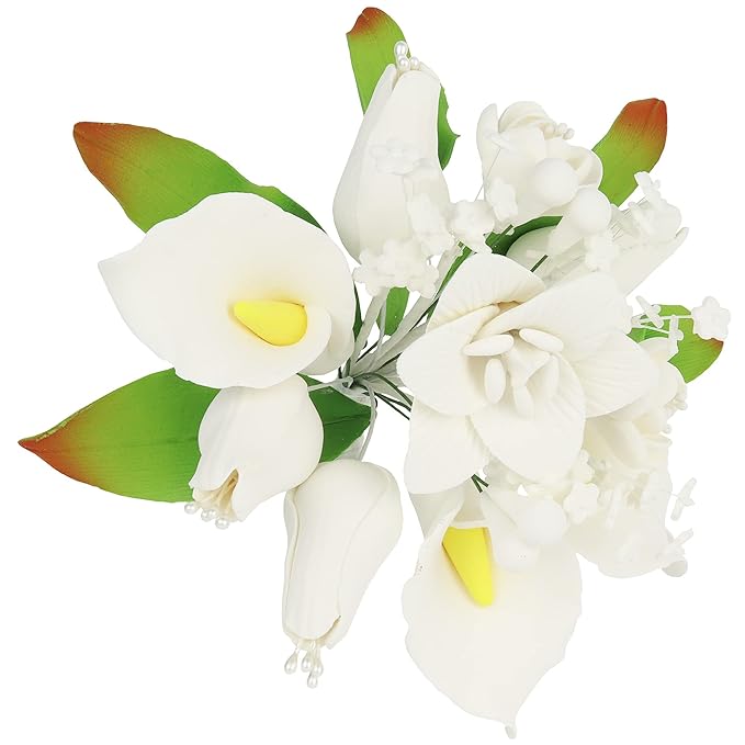 O'Creme Gumpaste Edible Flower Spray for Cake Decorating, White Calla Lily & Dahlia - Sugar Paste Flower Decoration for Cakes, Candy, Cupcake Toppers - Birthday, Wedding, Valentines Day, Baby Shower
