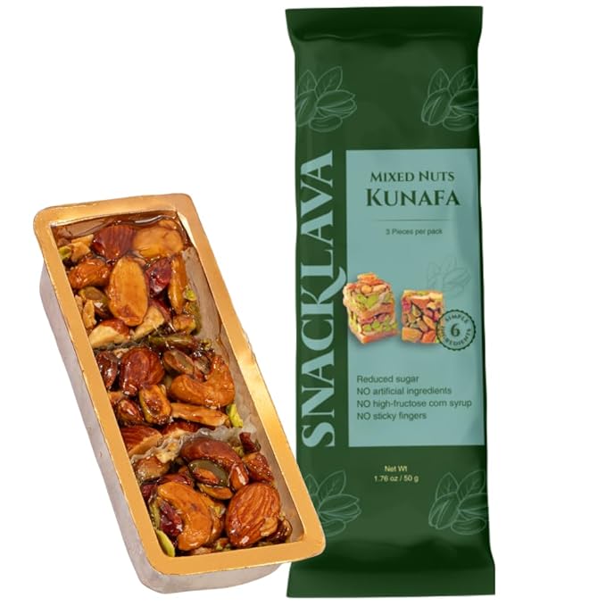 Snacklava Kunafa Mixed Nuts Baklava - 20 Pack (3 Pieces per Pack) - No Artificial Ingredients, Colors or Preservatives