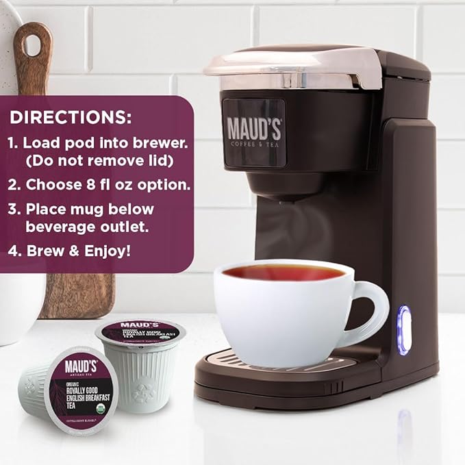 Maud's Organic English Breakfast Black Tea Pods, 100 ct, Recyclable Single Serve Pods ??100% Gourmet Blended Tea Leaves, Compatible with Keurig K Cups Maker