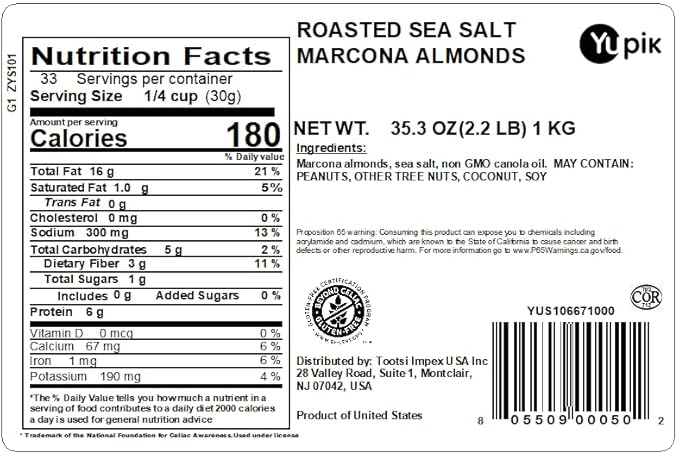 Yupik Roasted Sea Salted Marcona Almonds, 2.2 lb (35.2 oz), Gluten-Free, Vegan, Kosher, Whole Nuts, Salted, Skinless, Blanched, Seasoned Nuts, With Sea Salt, High in Fiber, Savory Snacks