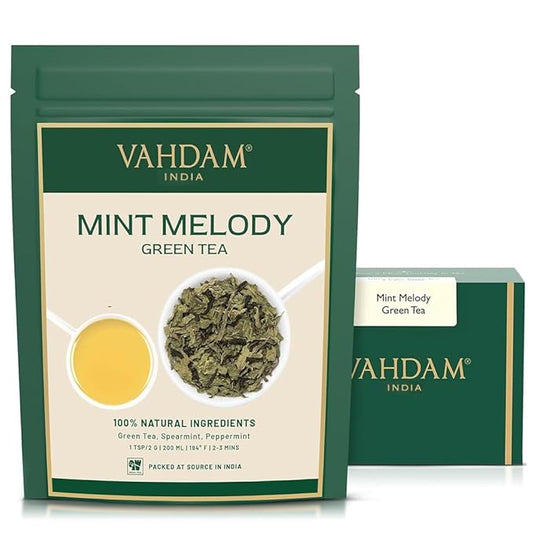 VAHDAM, Mint Green Tea Loose Leaf (50+ Cups, 3.5 oz) Cool Peppermint Tea With Himalayan Green Tea Leaves | Low Caffeine | High Elevation Grown | Vacuum Sealed for Freshness