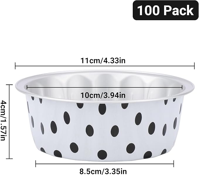 Beasea 8oz Aluminum Ramekins 100 Pack, 3.9" Disposable Baking Foil Cups Mini Ramekin Cup Cupcake Aluminum Baking Cups for Party - Black Dot in White