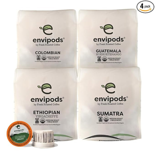 Fresh Roasted Coffee, Organic Single Origin envipods Variety Pack | BPI Compostable, USDA Organic, Kosher | 48 Count for K Cup Brewers | Not for use in Ninja or Hamilton Beach Brewers