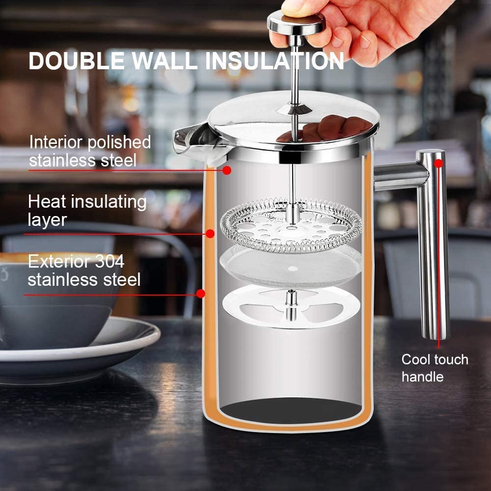 Secura French Press Coffee Maker, 304 Grade Stainless Steel Insulated Coffee Press with 2 Extra
