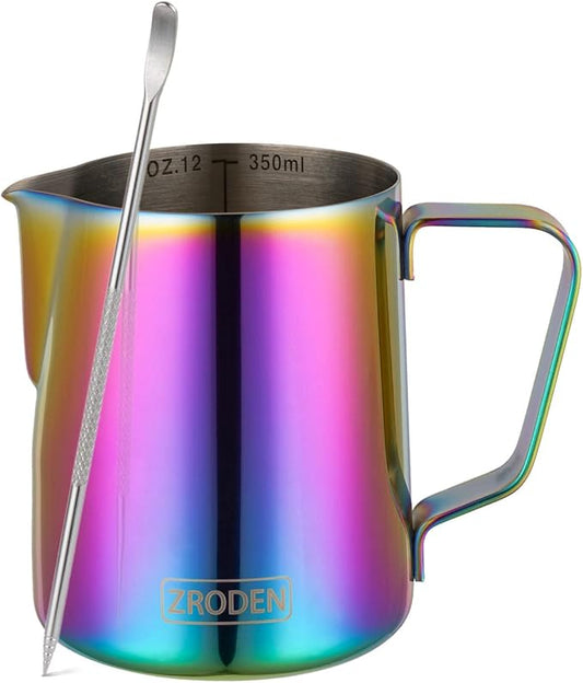 Milk Frothing Pitcher, 12oz Espresso Steaming Pitchers Stainless Steel Cappuccino Coffee Machine Accessories Barista Tools Steam Froth Pitchers Milk Jug Cup with Decorating Pen Latte Art, Rainbow