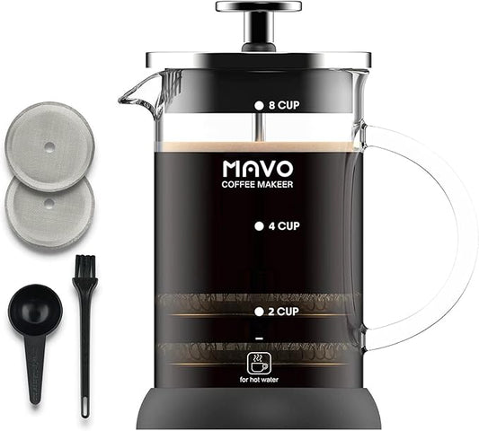 French Press Coffee Maker Stainless Steel Cold Brew Heat Resistant Glass Coffee & Tea Maker with 2 Filter (1000ml/34oz)