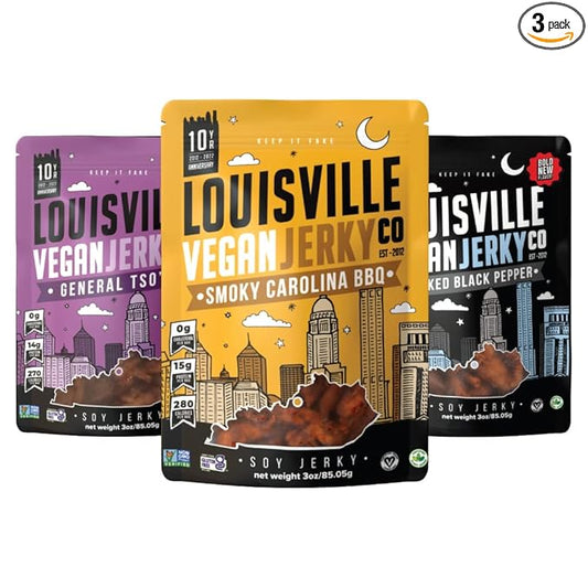 Louisville Vegan Jerky, Variety Pack ??3 Pack Includes Smoky Carolina BBQ, Smoked Black Pepper, General Tso - Non-GMO Soy Protein ??Gluten-Free Ingredients, High Protein Vegan and Vegetarian Meat Jerky Snacks (3 oz, 3-Pack)