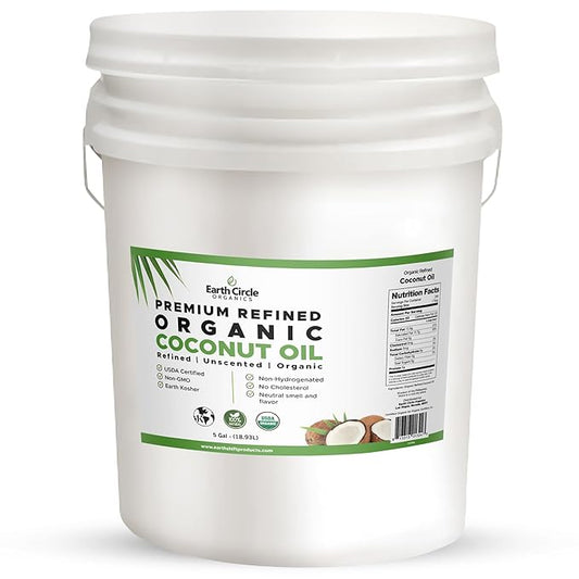 Earth Circle Organics Refined Coconut Oil - Ultra Premium Steam Refined, Keto & Paleo Friendly, Zero Coconut taste or smell - For Skin & Hair Care, Cooking, Deep Frying, Baking & More - Bulk 5 Gallon