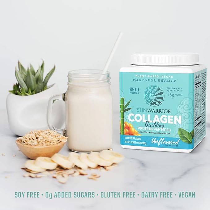 Vegan Collagen Building Powder Protein Peptide with Biotin Vitamin C Hyaluronic Acid Collagen Protein Powder for Hair Skin Nail Dairy Free Gluten Free | Unflavored by Sunwarrior