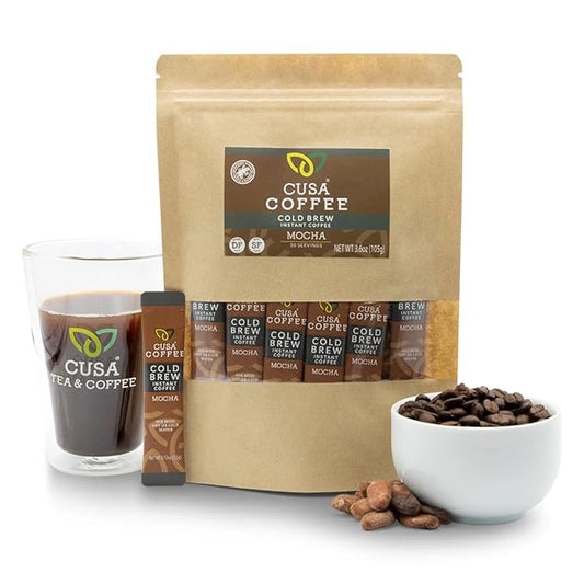 Cusa Tea & Coffee, Mocha Cold Brew. Premium Instant Coffee, Rainforest Alliance Certified Arabica Beans. Drink Mix Packets Ready in Seconds, Makes Hot or Iced Coffee (30 Servings)