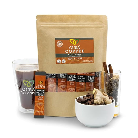 Cusa Tea & Coffee, Dirty Chai Cold Brew. Premium Instant Coffee, Rainforest Alliance Certified Arabica Beans. Drink Mix Packets Ready in Seconds, Makes Hot or Iced Coffee (30 Servings)