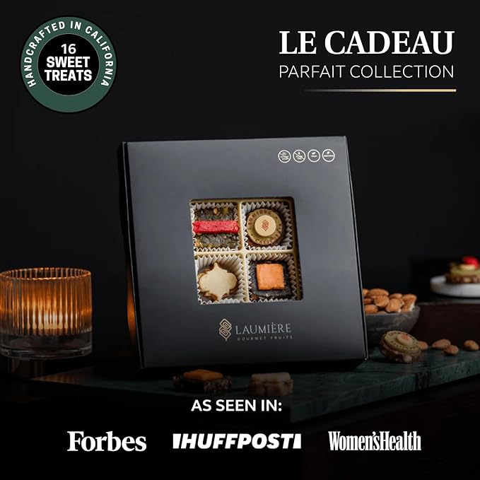 Le Cadeau Parfait Collection - Square Gourmet Gift Box (16 Treats) - Laumi챔re Gourmet Fruits - Vegan Healthy Dried Fruits & Nuts Gift Basket - No Added Cane Sugar Sweets