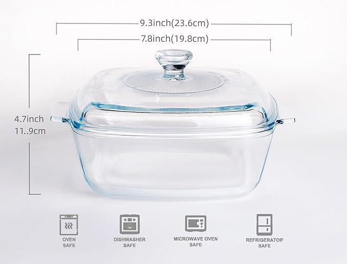 Clear Square Glass Casserole with Lid, Baking Dish with Glass Cover, Casserole for Oven, Freezer and Dishwasher Safe (1.5-Quart Square)