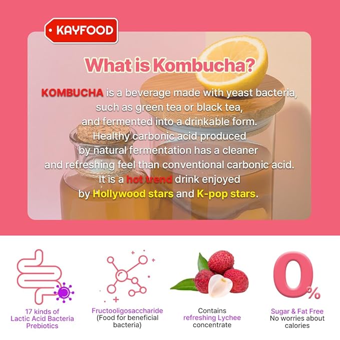 KAYFOOD-Kombucha-Lychee-Garden-Daily Zero Sugar, Diet, Gut Healthy Sparkling Beverage, Fermented Korean Drinks for Iced Tea Hot Tea, Workout T (20ST)