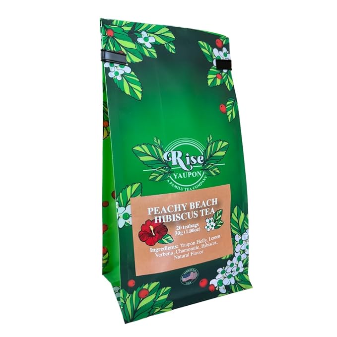 Rise Yaupon Peachy Beach Hibiscus Yaupon Holly Tea, 20 Tea Bags, 1.06 oz, Caffeinated Yaupon Holly with Hibiscus, Lemon Verbena, Chamomile and Natural Peach Flavor