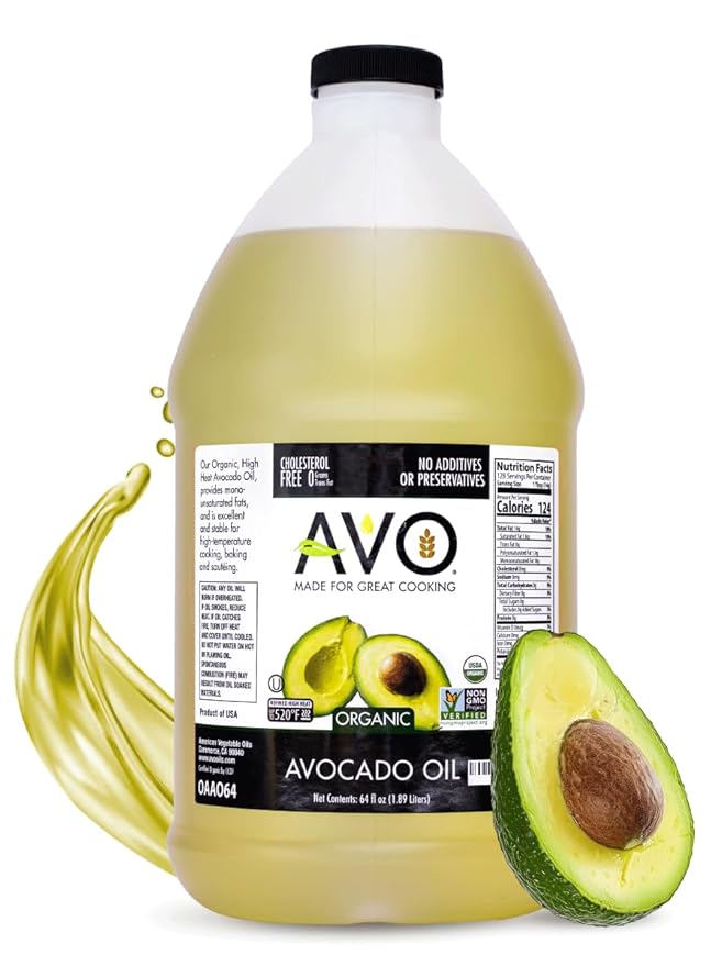 AVO ORGANIC AVOCADO Oil Frying, Baking, Non-stick Saut챕ing, Salads, Vinaigrette, Marinades, Pan Coating, General Cooking 64 Fl-oz (Half a Gallon), NO preservatives added, Naturally Processed