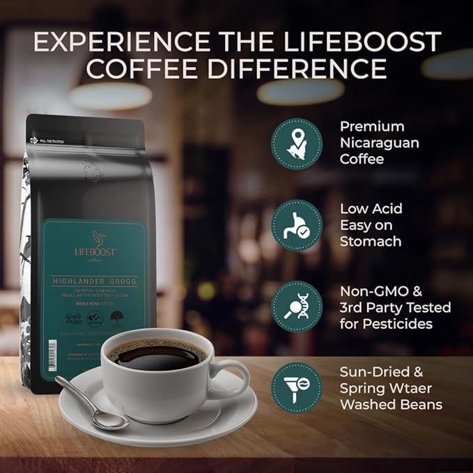 Lifeboost Highlander Grogg Whole Bean Coffee - Non-GMO Low Acid Single Origin Flavored Coffee Beans - Third Party Tested For Mycotoxins & Pesticides - 12 Ounces
