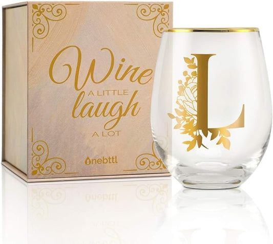 Onebttl Unique Stemless Wine Glasses, Initial Wine Cup for Red or White Wine - 18oz, Monogrammed, Gold - for Women, Girls, Female, Her, Friends, Coworkers, Clients - for Birthday, Christmas