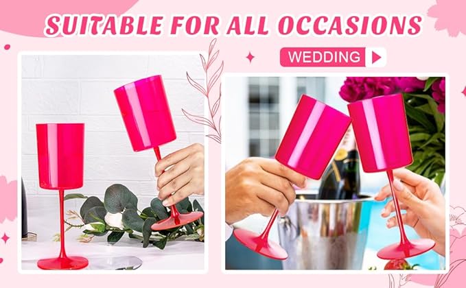 Ciaell 12 Pack Plastic Wine Glasses - 14Oz Hot Pink Plastic Wine Glasses With Stem - Disposable Stemmed Cups for Parties & Weddings