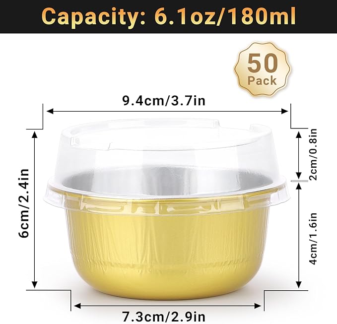 Beasea Aluminum Ramekins With Lids, 50 Pack 6.1oz 180ml Disposable Foil Aluminum Baking Cups Round Oven Baking Mini Cupcake Cups for Party - Gold