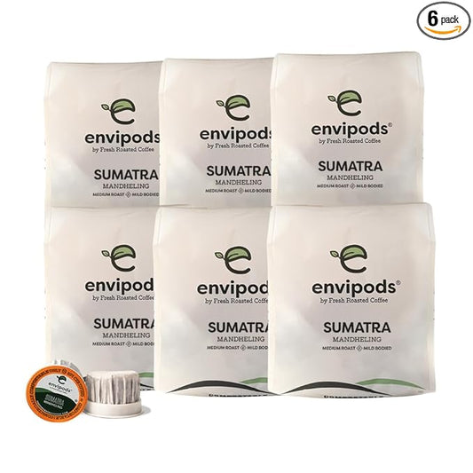 Fresh Roasted Coffee,100% Sumatra Mandheling Compostable envipods, Medium Roast, Kosher, 72 Count,for Keurig K Cup Brewers | Not for use in Ninja or Hamilton Beach Brewers