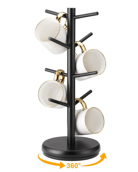 Lorbro Coffee Mug Tree, 360° Rotating Wooden Mug Holder with 8 Hooks