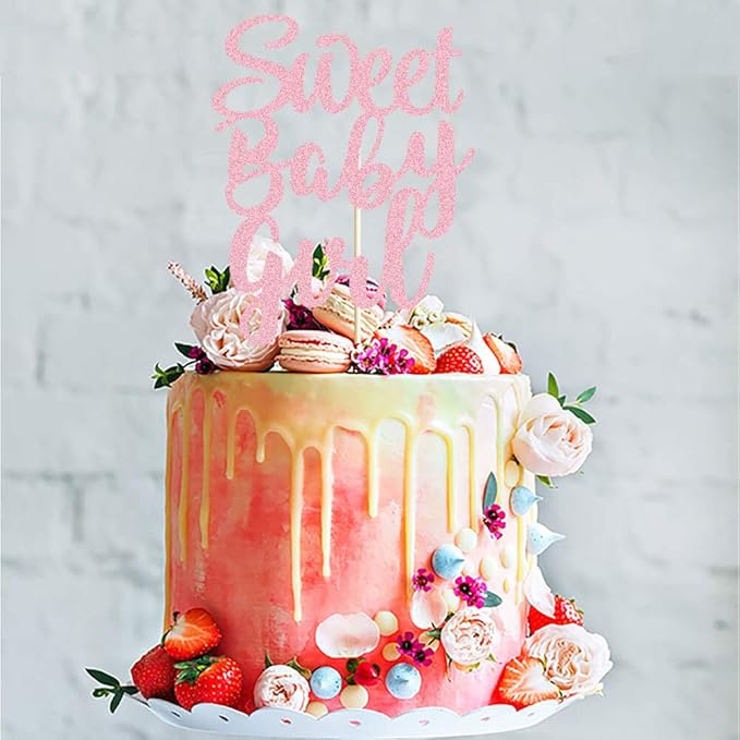 Sweet Baby Girl Cake Topper Rose Gold Glitter Girl Newborn Gender Reveal Cake Decor Cheers to Baby Show/Baby One Month/Hundred Days/Girl 1st Birthday Party Cake Supplies Decorations