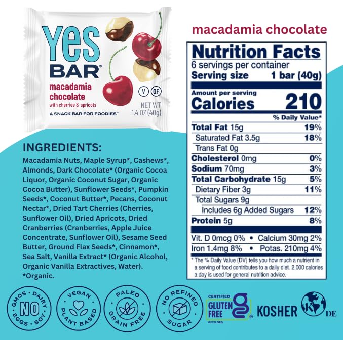 The YES Bar ??Macadamia Chocolate ??Plant Based Protein, Decadent Snack Bar ??Vegan, Paleo, Gluten Free, Dairy Free, Low Sugar, Healthy Snack, Breakfast, Low Carb, Keto Friendly (24 Count)