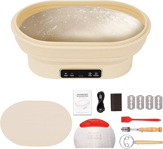 2L Heating Bread Proofing Basket Set Foldable Thermostatic Silicone Bowl with 77-122??6 Gears Temperature & 6H Timer, for Artisan Baking Sourdough Starter Bread Making Supplies Tools Kit