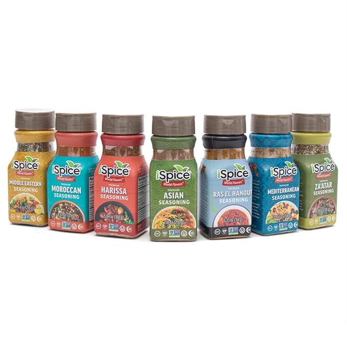iSpice-Spices and Seasonings Sets Includes Middle Eastern Moroccan Harissa Ras El Hanout Asian, Mediterranean Zaatar Seasoning herbs, spices & seasonings Spice Gift sets 7 pack Middle Earth Fire