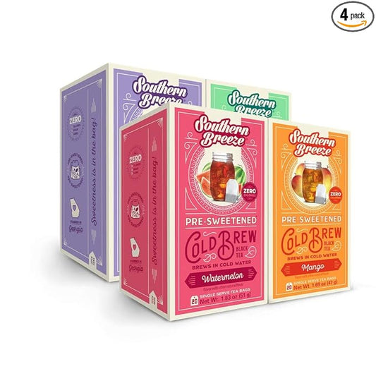 Southern Breeze Cold Brew Sweet Tea Variety Pack Iced Tea with Black Tea and Zero Carbs Zero Sugar, 20 Individually Wrapped Tea Bags, Pack of 4 Blackberry, Mango, Mint and Watermelon