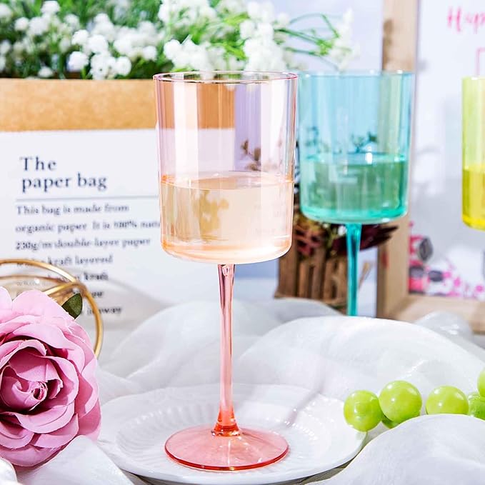 Ciaell 4 Pack Plastic Wine Glasses - 10 Oz Plastic Wine Glasses with Stem - Disposable Wine Glasses Perfect for Parties & Weddings & Poolside & Outdoors & Camping(Pink Green Purple Yellow)