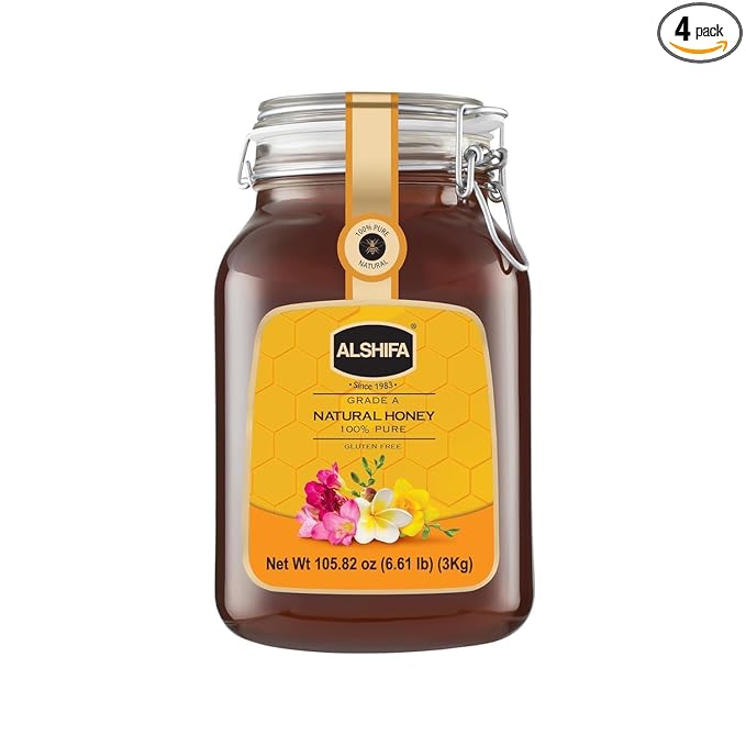 ALSHIFA Natural Honey 6.61lb (3kg) | Pack of 4 | Raw & Pure Honey Unpasteurized | Unique Taste Sweetener | Healthy & Rich in Nutrients | No Added Sugar | Glass Bottle