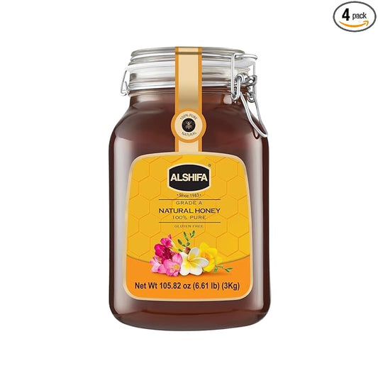 ALSHIFA Natural Honey 6.61lb (3kg) | Pack of 4 | Raw & Pure Honey Unpasteurized | Unique Taste Sweetener | Healthy & Rich in Nutrients | No Added Sugar | Glass Bottle
