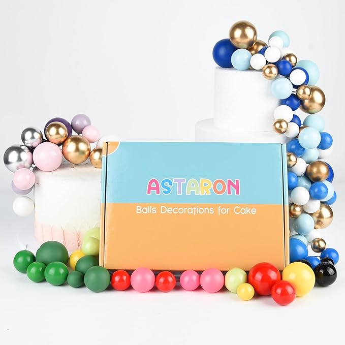 ASTARON 50 Pcs Ball Cake Topper Sticks Mini Balloons for Cake Decorating Supplies Foam Balls Cake decorations for Baby Shower Cake Birthday Cake Toppers Decorations (Light Blue, Brown)