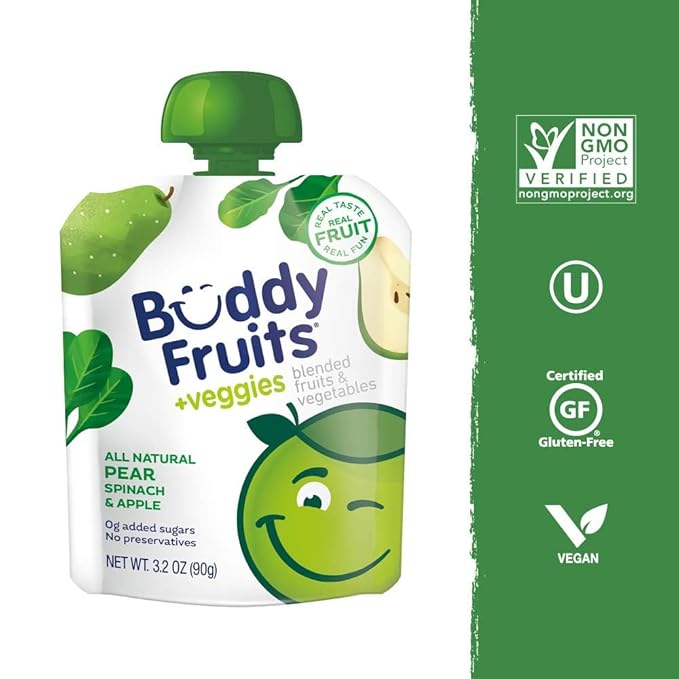Buddy Fruits & Veggies Snacks To Go Pear Spinach Unsweetened Applesauce 3.2oz Pouch (18pk) Gluten-Nut-Dairy-Preservatives-BPA Free, Non GMO, Kosher