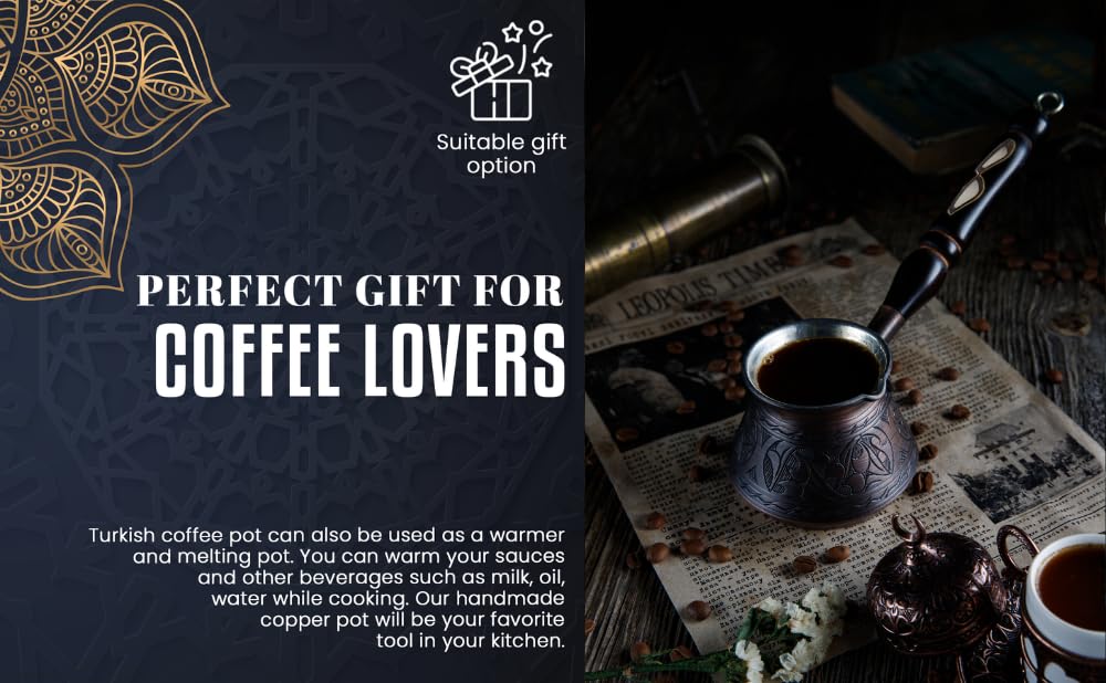 DEMMEX Copper Turkish Coffee Pot Cezve Ibrik Greek Coffee Briki Stovetop Coffee Maker with Wooden