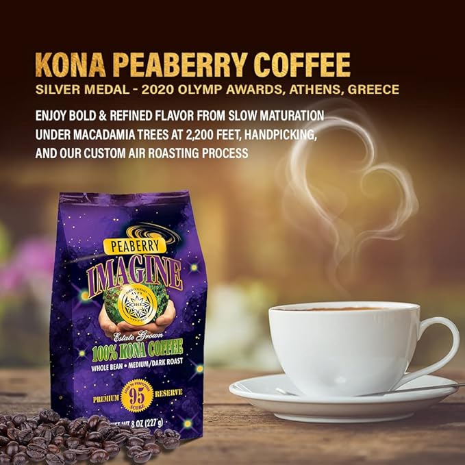 Imagine Kona Peaberry Rare Coffee Beans | Top Grade Air Roasted | Medium Dark Roast - 8 ounce