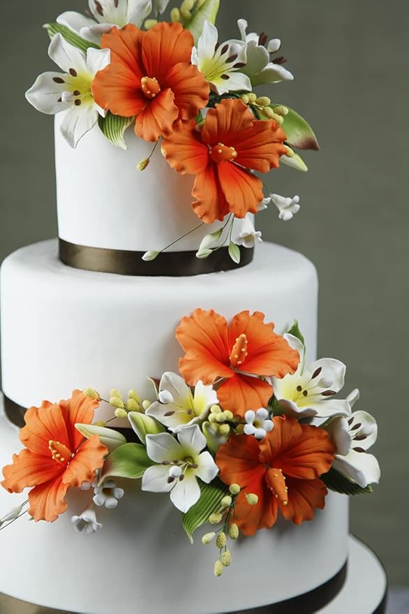 Global Sugar Art Hibiscus Sugar Cake Flowers Spray, Orange Hawaiian Cake Flower Large, 1 Count by Chef Alan Tetreault