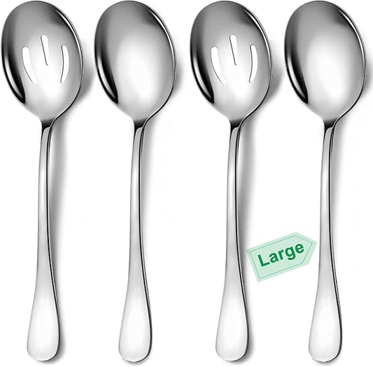 4 Piece Stainless Steel Serving Spoons Set, 10-Inch, Includes 2 Large, 2 Slotted, for Parties/Kitchen/Buffet/Catering, Dishwasher Safe