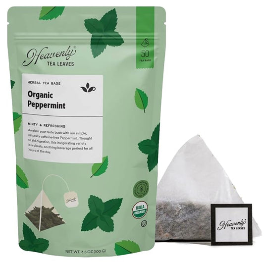 Heavenly Tea Leaves Organic Peppermint (50 Pyramid Tea Bags), Bulk Compostable Herbal Tea Sachets - 100% Plastic Free, Premium Quality, Whole Tea Leaves in a Convenient Tea Bag