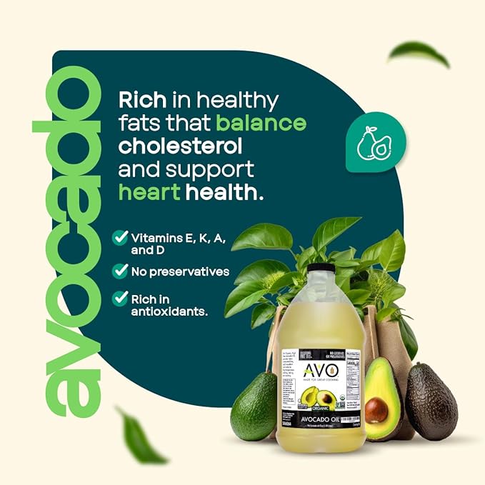 AVO ORGANIC AVOCADO Oil Frying, Baking, Non-stick Saut챕ing, Salads, Vinaigrette, Marinades, Pan Coating, General Cooking 64 Fl-oz (Half a Gallon), NO preservatives added, Naturally Processed