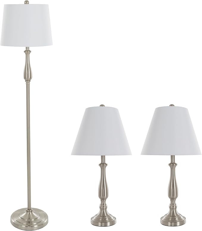 3-Piece Home Lighting Set - Coordinating Bundle with 2 Table Lamps and 1 Floor Lamp for Home and Office Decor by Lavish Home (Silver)